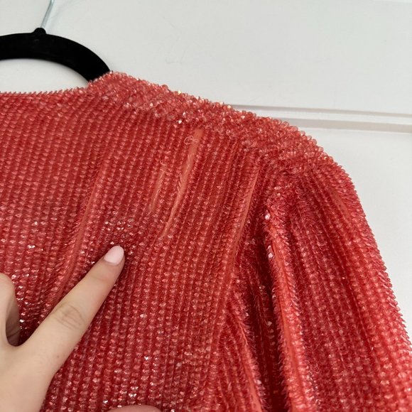 Retrofete Gabrielle Sequin Robe Wrap Mini Dress Sz M Burnt Orange Blouson Sleeve - Picture 14 of 15